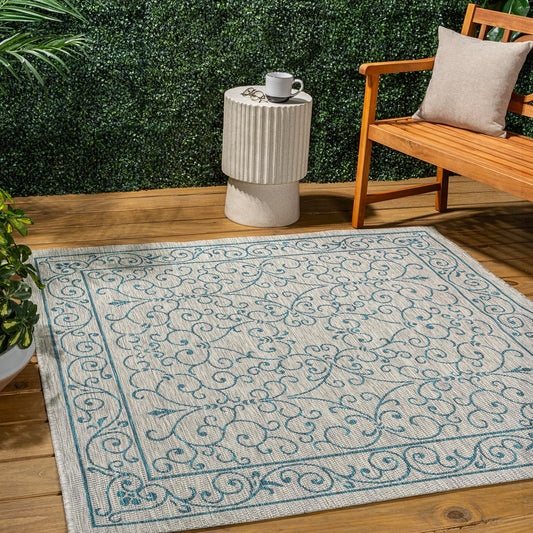 JONATHAN Y Vintage Filigree Indoor Outdoor Square Area Rug 6X6 Gray/Teal, Charleston Textured Weave for Backyard, Patio, Porch, Easy-Cleaning, High Traffic, Pet-Friendly, Non-Shedding (SMB106E-6SQ)