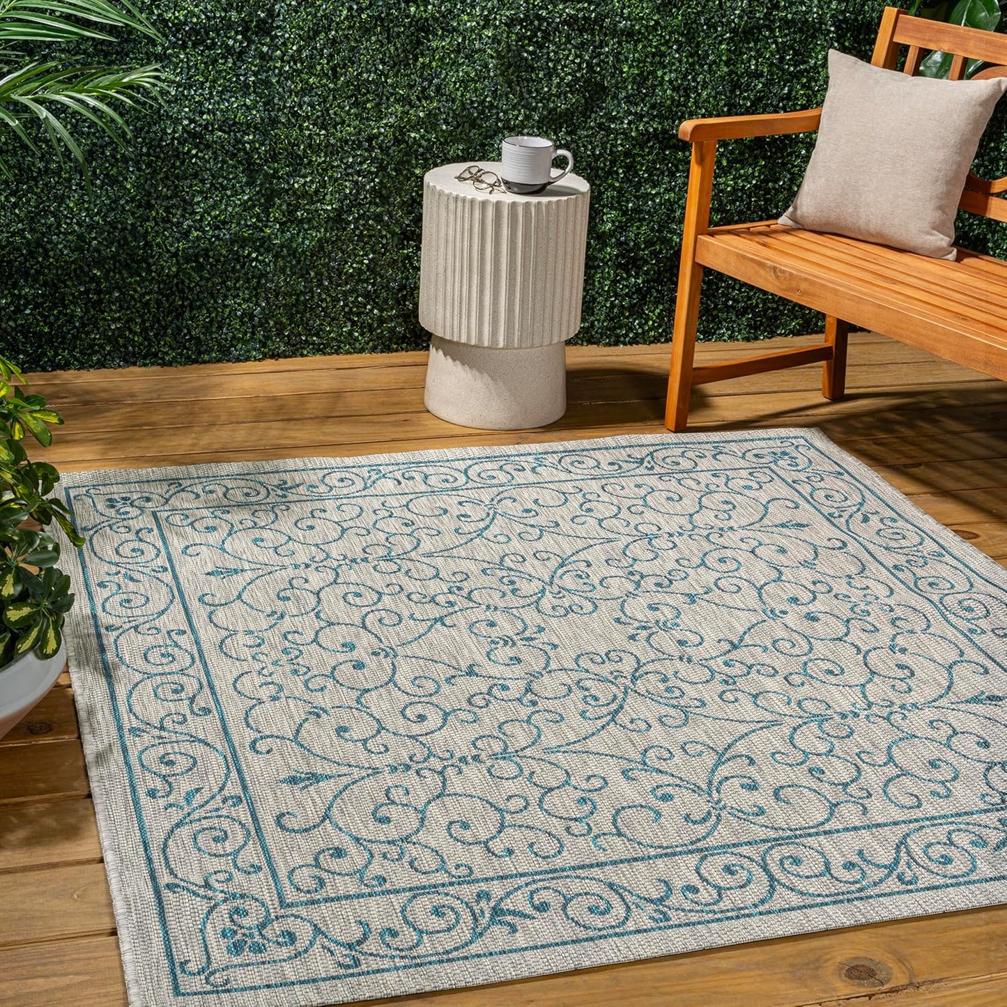 JONATHAN Y Vintage Filigree Indoor Outdoor Square Area Rug 5X5 Gray/Teal, Charleston Textured Weave for Backyard, Patio, Porch, Easy-Cleaning, High Traffic, Pet-Friendly, Non-Shedding (SMB106E-5SQ)