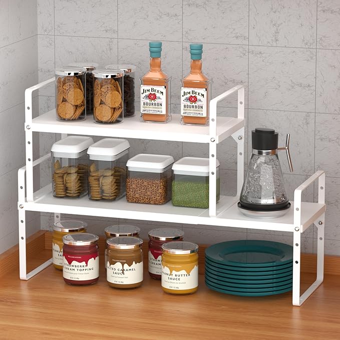iPEGTOP Expandable Cabinet Storage Shelf Organizer Rack, Heavy Duty Cupboard Stand Spice Rack Adjustable Height Garage Pantry Shelf Space Riser for Counter Kitchen Organization, White, 2 Pack