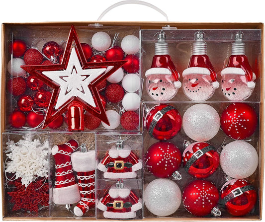 Valery Madelyn Christmas Ornaments Set, 70ct Red and White Shatterproof Christmas Tree Decorations Ball Ornaments Bulk, Traditional Decorative Hanging Ornaments for Xmas Trees Holiday Party Decor