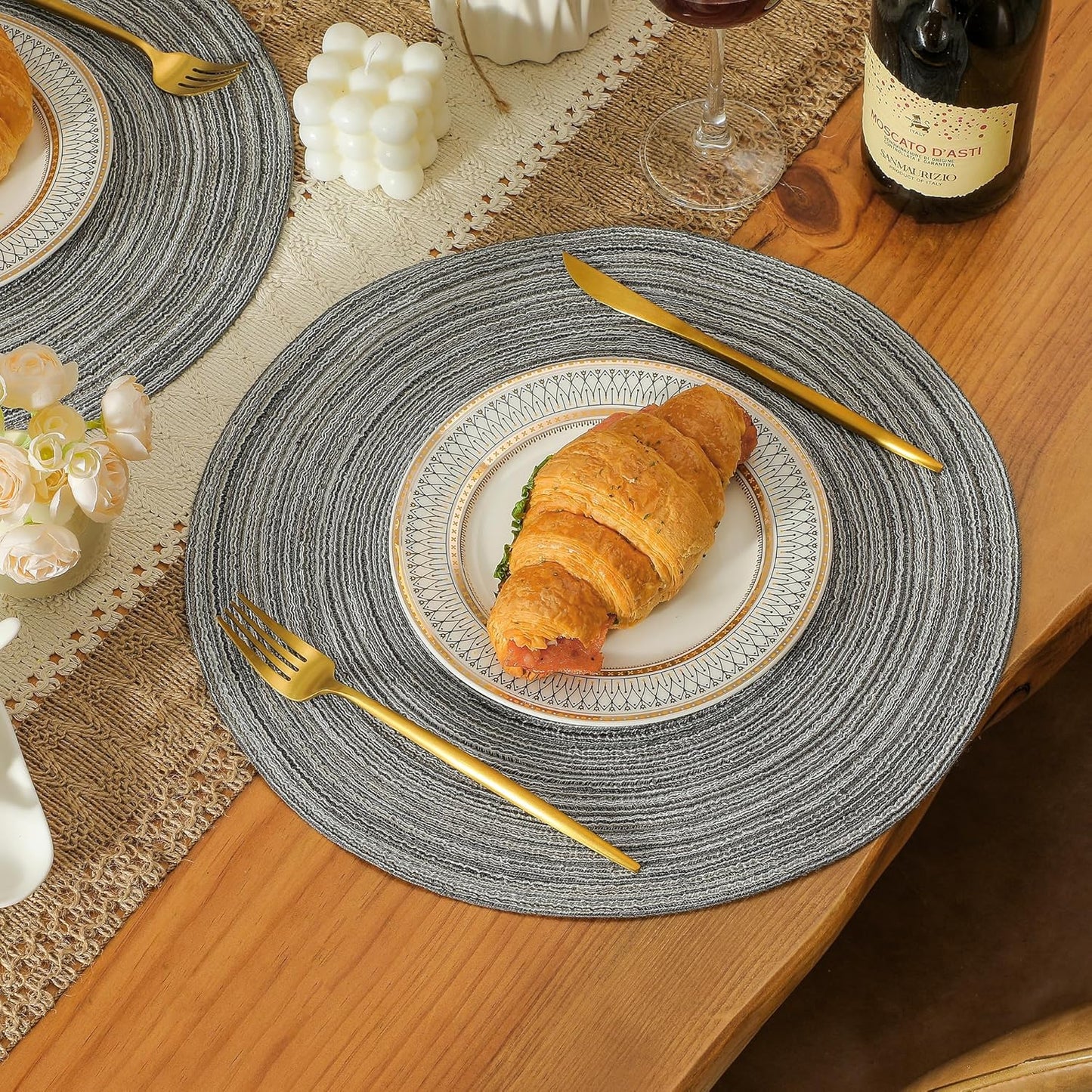 Leetaltree Round Placemats Heat and Slip Resistant Cotton Table Mats, Washable Bohemian Placemats for Dining Tables (Charcoal, Set of 6)