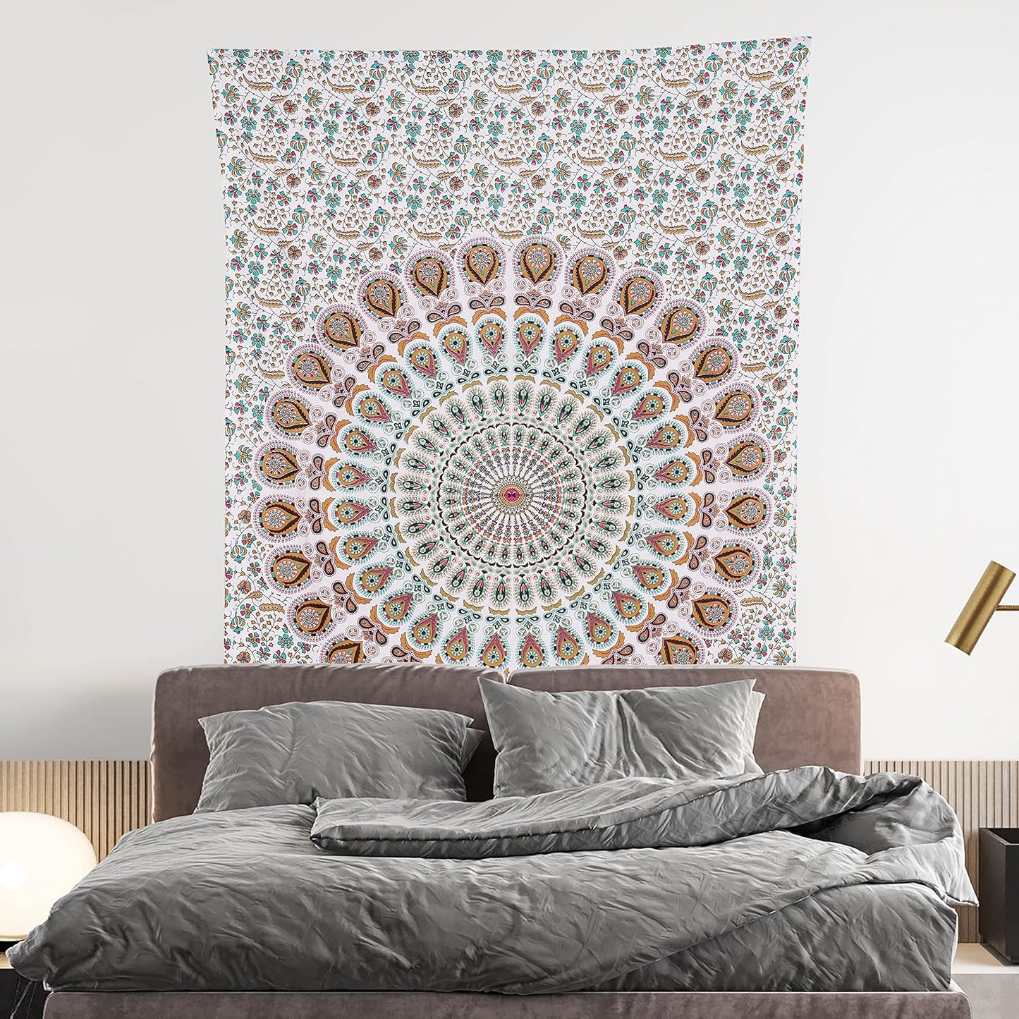 Bless International Handmade Indian hippie Bohemian Psychedelic Peacock Mandala Wall hanging College Dorm Beach Throws Table Cloth Bedding Tapestry (Floral Gold, Poster(30x40Inches)(76x101cms))