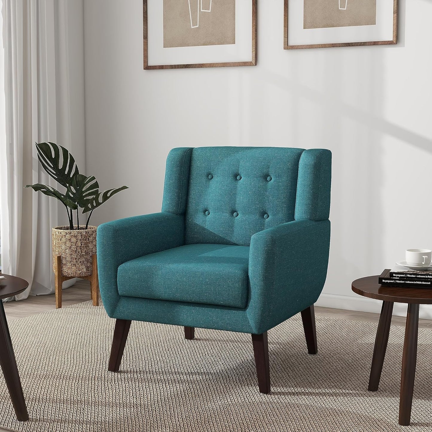 UIXE Accent Chair Modern Arm Chair, Mid Century Upholstered Club Armchair, Comfy Single Lounge Sofa Living Room Button Tufted Armrest Reading Seat Bedroom Side Seating, Turquoise Blue