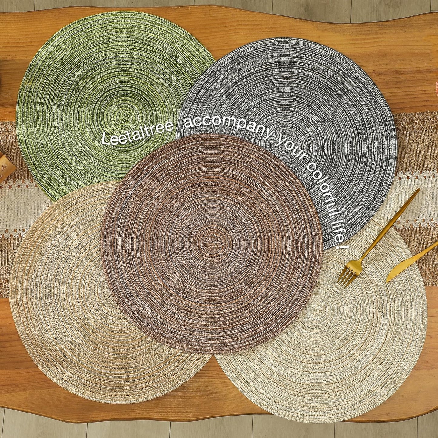 Leetaltree Round Placemats Heat and Slip Resistant Cotton Table Mats, Washable Bohemian Placemats for Dining Tables (Charcoal, Set of 4)