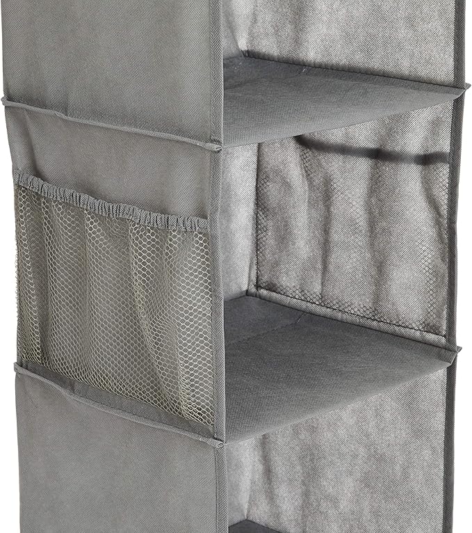 Amazon Basics 6-Tier Hanging Closet Shelf Organizer With Pockets, 8.5" D x 12" W x 9" H, Grey