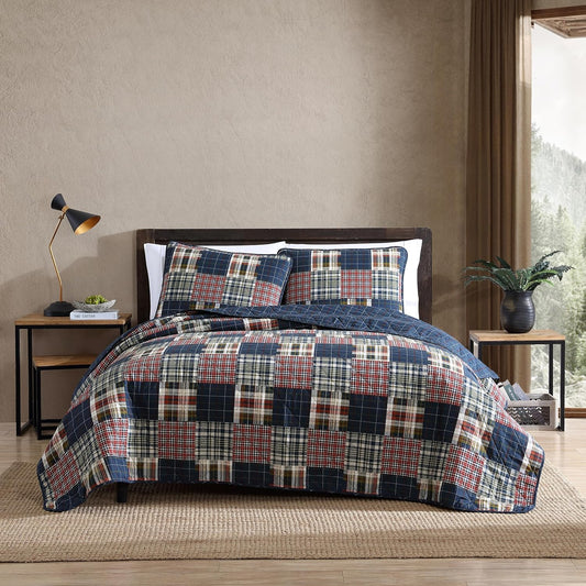 Eddie Bauer - Twin Quilt Set, Cotton Reversible Bedding with Matching Sham, Lightweight Home Decor for All Seasons (Madrona Navy/Red, Twin)