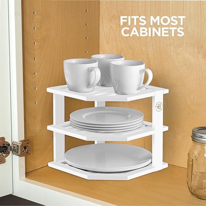 Cabinet Organizer Shelf - Bamboo Corner Rack for Kitchen Counter, Cabinet Space Saver for Plates, Dishes, Bowls, Bread Pantry, Bathroom Storage or Countertop Stand, White