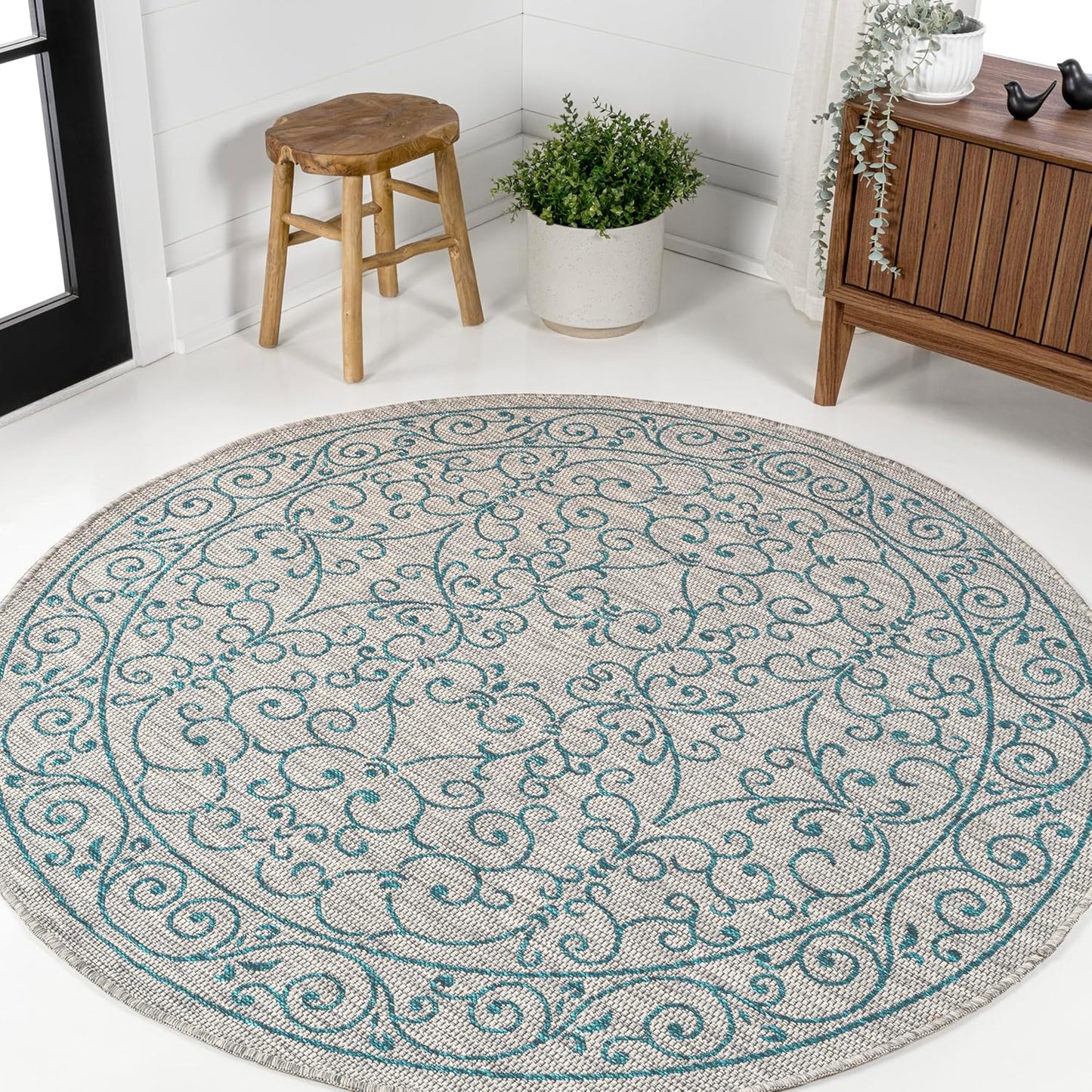 JONATHAN Y Vintage Filigree Indoor Outdoor Round Area Rug 8 Ft Gray/Teal, Charleston Textured Weave for Backyard, Patio, Porch, Easy-Cleaning, High Traffic, Pet-Friendly, Non-Shedding (SMB106E-8R)