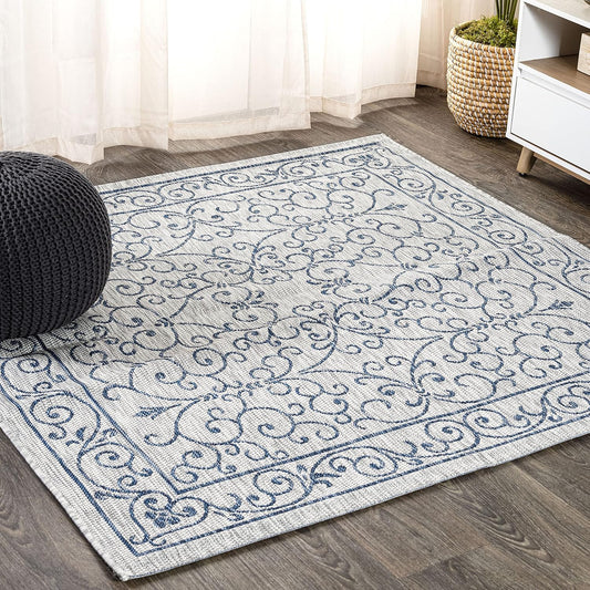 JONATHAN Y Vintage Filigree Indoor Outdoor Square Area Rug 9X9 Gray/Navy, Charleston Textured Weave for Backyard, Patio, Porch, Easy-Cleaning, High Traffic, Pet-Friendly, Non-Shedding (SMB106C-9SQ)