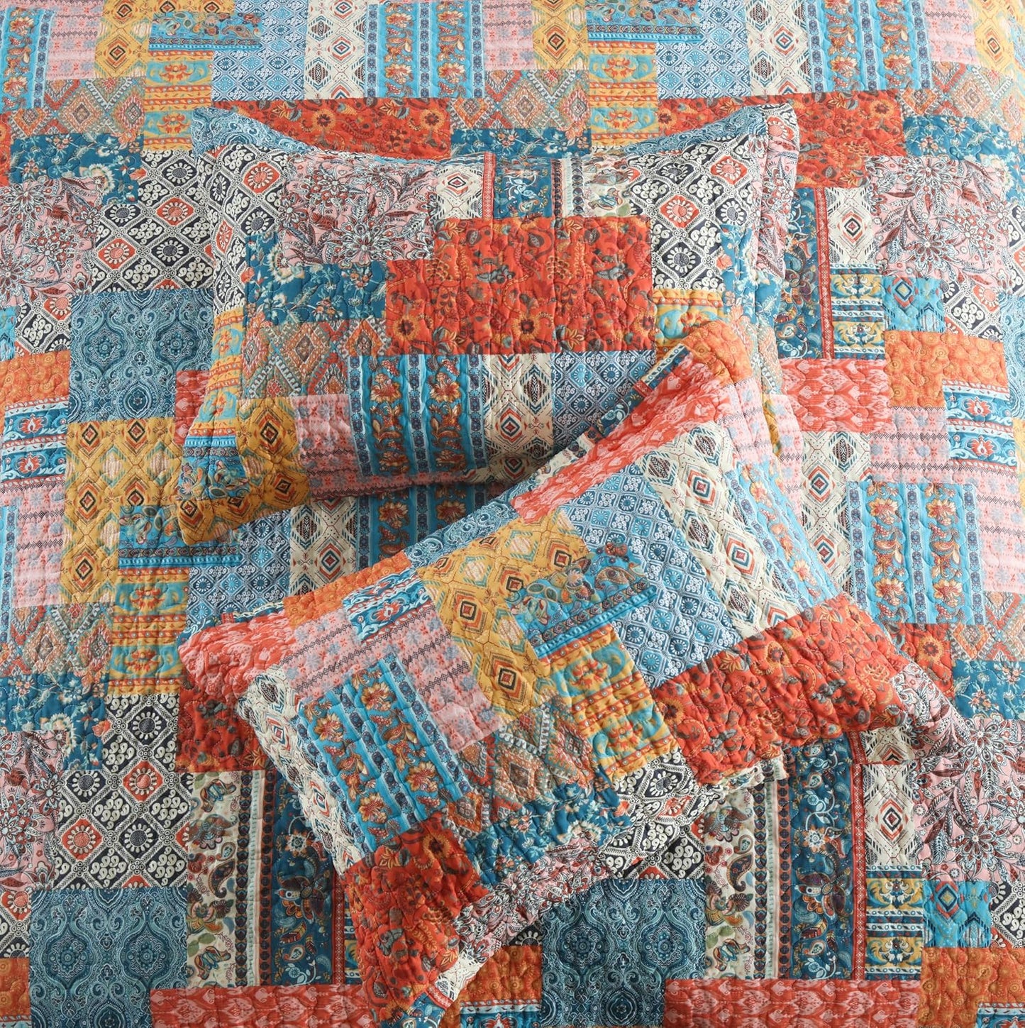 Cotton Bedspread Quilt Sets Reversible Coverlet Sets Comforters Vintage Bohemian Patchwork Bedspread,Orange,King Size