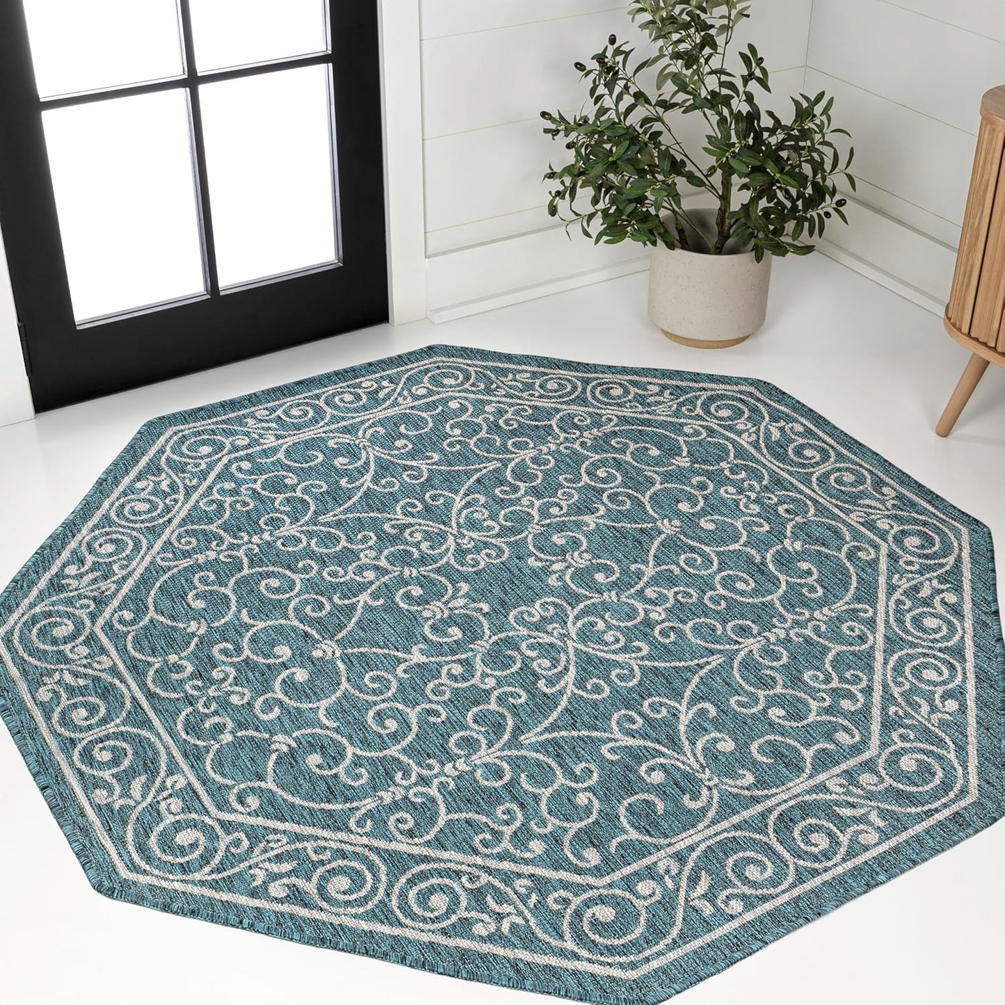 JONATHAN Y Vintage Filigree Indoor Outdoor Octagon Area Rug 5 Ft Teal/Gray, Charleston Textured Weave for Backyard, Patio, Porch, Easy-Cleaning, High Traffic, Pet-Friendly, Non-Shedding SMB106F-5TGN