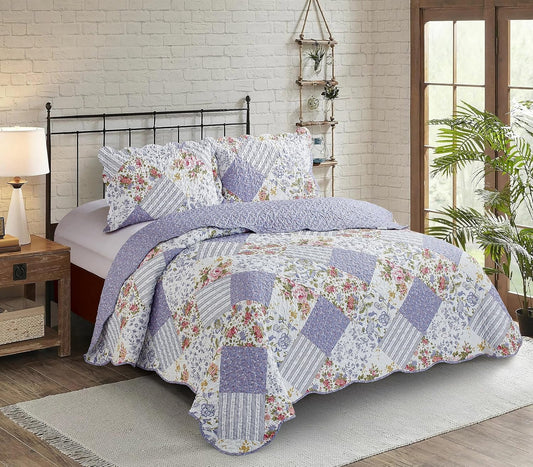 Brilliant Sunshine Rose Violet Patchwork, 3-Piece Quilt Set with 2 Shams, Reversible Bedspread, Soft Lightweight Coverlet, All-Season, Full/Queen, Rose Violet