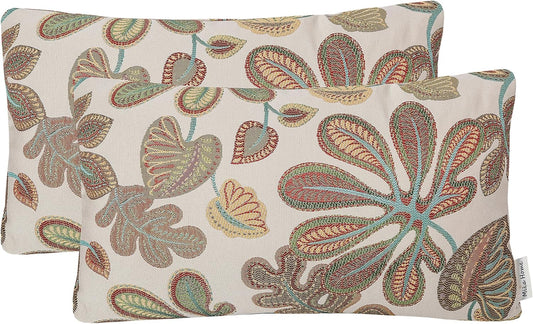 Set of 2 Jacquard Tropical Leaf Pattern Oblong Throw Pillow Covers Accent Pillowcase 12X20 Inches,Teal Cream