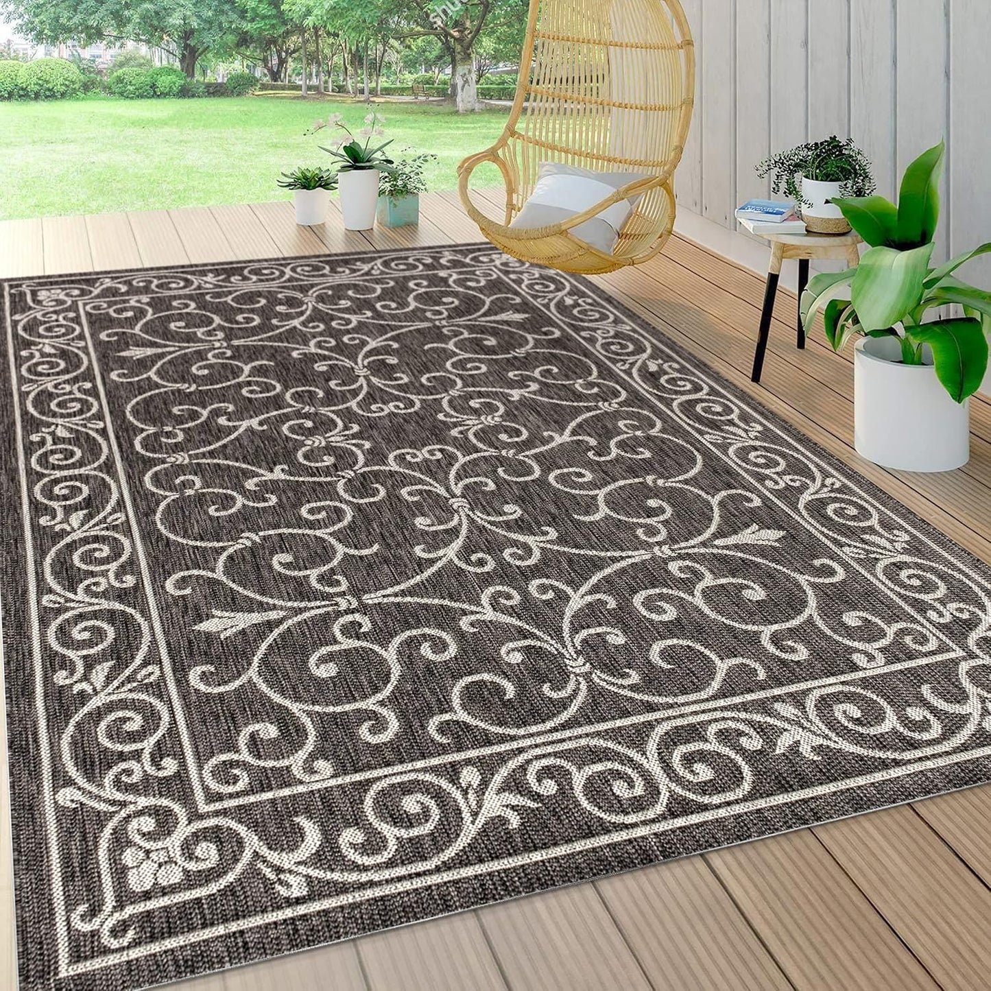 JONATHAN Y Vintage Filigree Indoor Outdoor Area Rug 10X14 Black/Gray, Charleston Textured Weave for Backyard, Patio, Porch, Easy-Cleaning, High Traffic, Pet-Friendly, Non-Shedding (SMB106G-14)