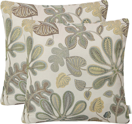 Set of 2 Jacquard Tropical Leaf Pattern Throw Pillow Covers Decorative Pillowcase 20X20 Inches,Green Cream